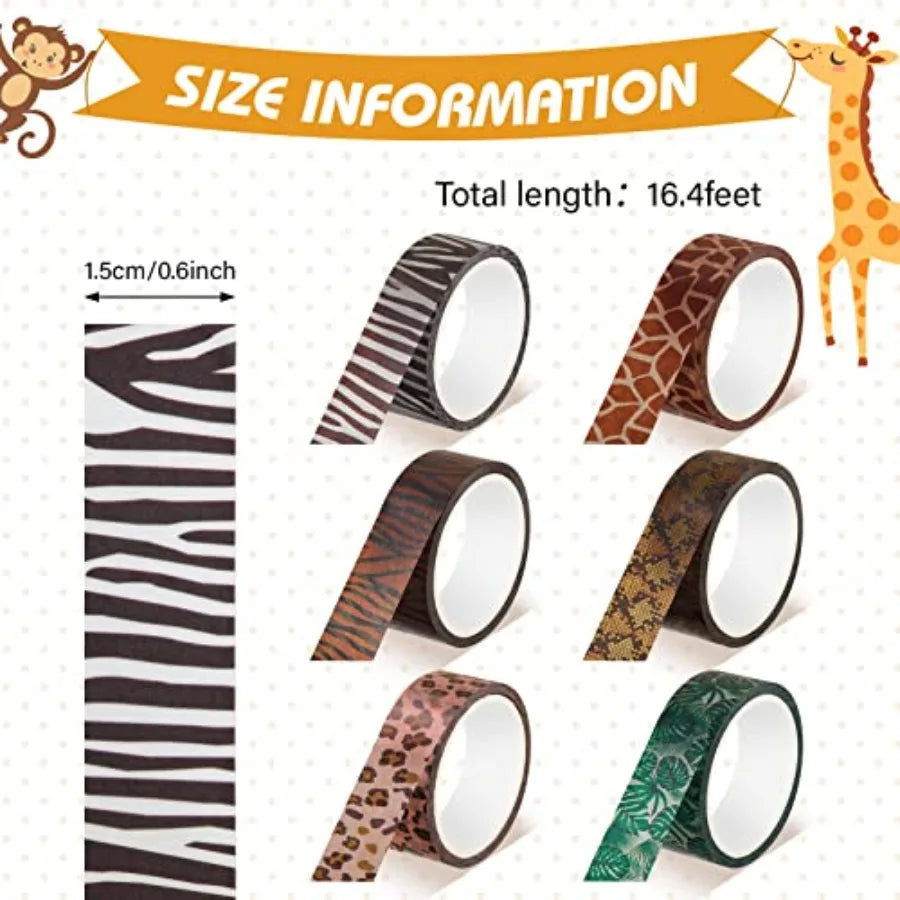 12 Rolls Animal Print Washi Tape, Safari Jungle Decorative Masking Tape for Scrapbooking, Planner, Journaling, DIY Crafts and G