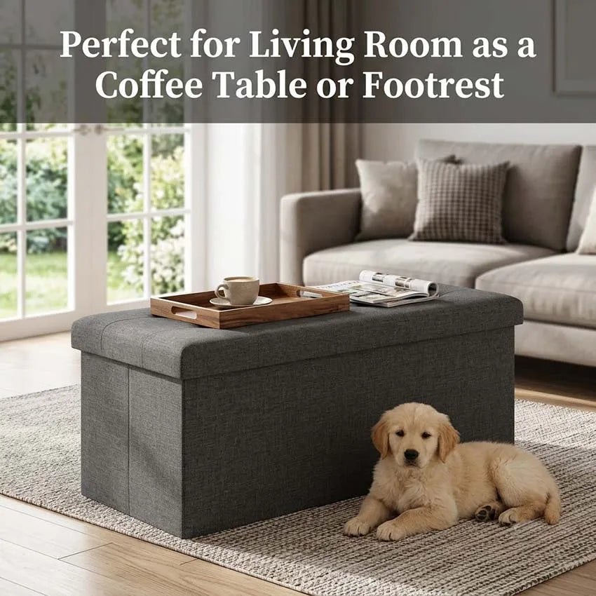 Folding Storage Ottoman Bench Tufted Fabric 400 Lb Capacity