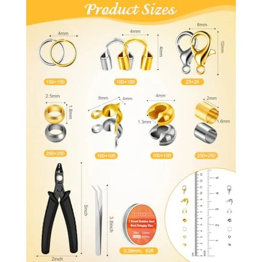 1950 Pcs Jewelry Making Cord End Kit, Crimp Tube Beads with Organizer Box, Includes Crimp Beads, Cover, Lobster Clasp, Jump Rin