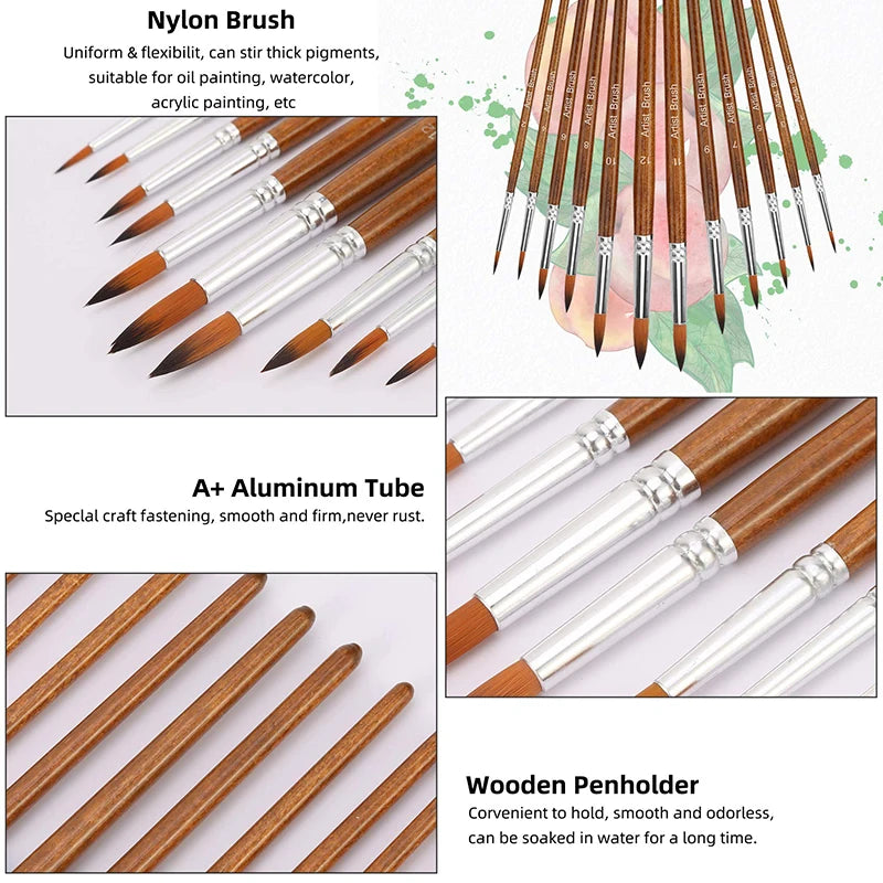 12-Piece Nylon Artist Paint Brush Set for Acrylic, Watercolor, Oil
