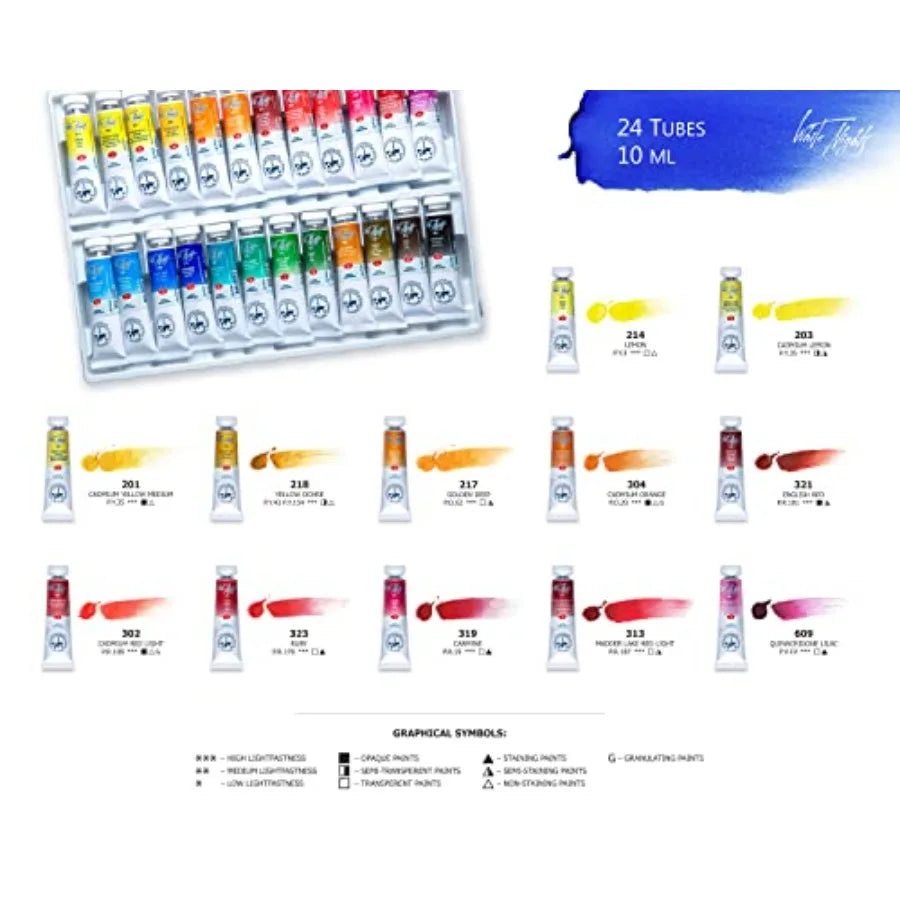 Watercolor Set 24 Fine Artist Grade Tubes Vibrant Lightfast Colors