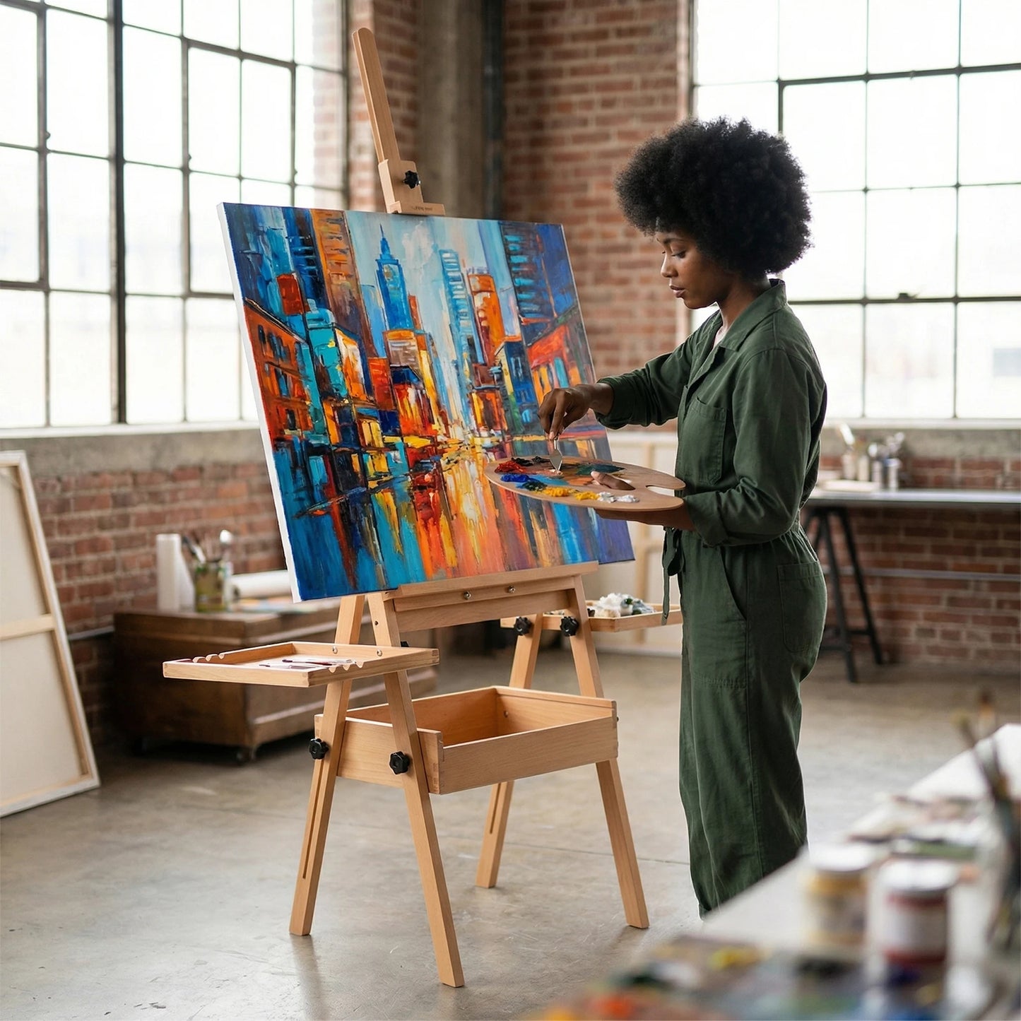 Wood H Frame Easel With Adjustable Height Storage Tray