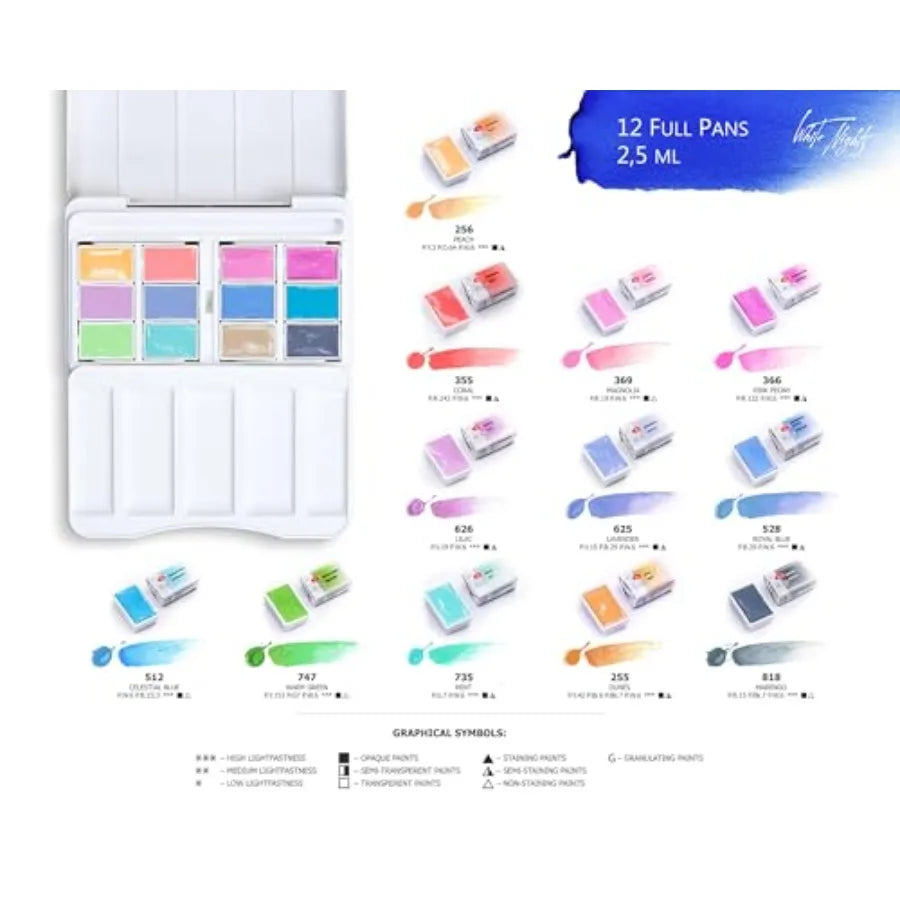 Professional Watercolor Set 12 Full Pans Extra Fine Artist Grade Pigments