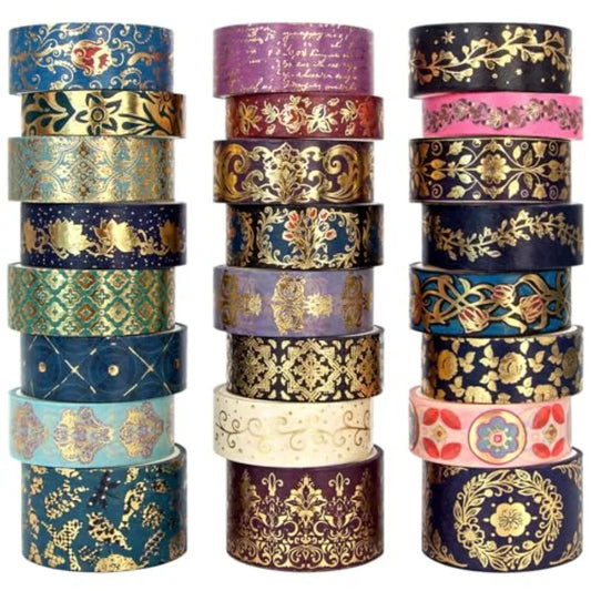 Gold Foil Washi Tape Set — 24 Rolls Vintage Dark Academia Aesthetic, Baroque Gothic Jewel Tone Decorative Tape for Junk Journal