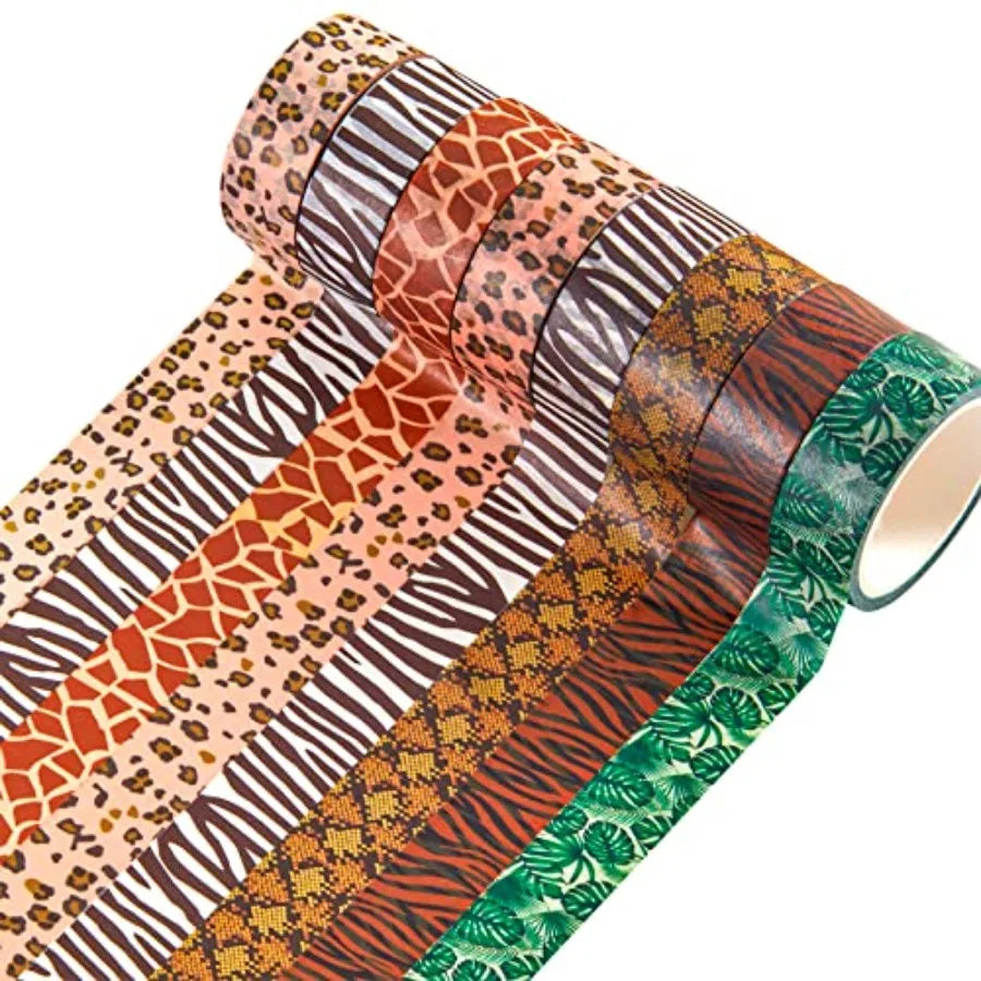 12 Rolls Animal Print Washi Tape, Safari Jungle Decorative Masking Tape for Scrapbooking, Planner, Journaling, DIY Crafts and G