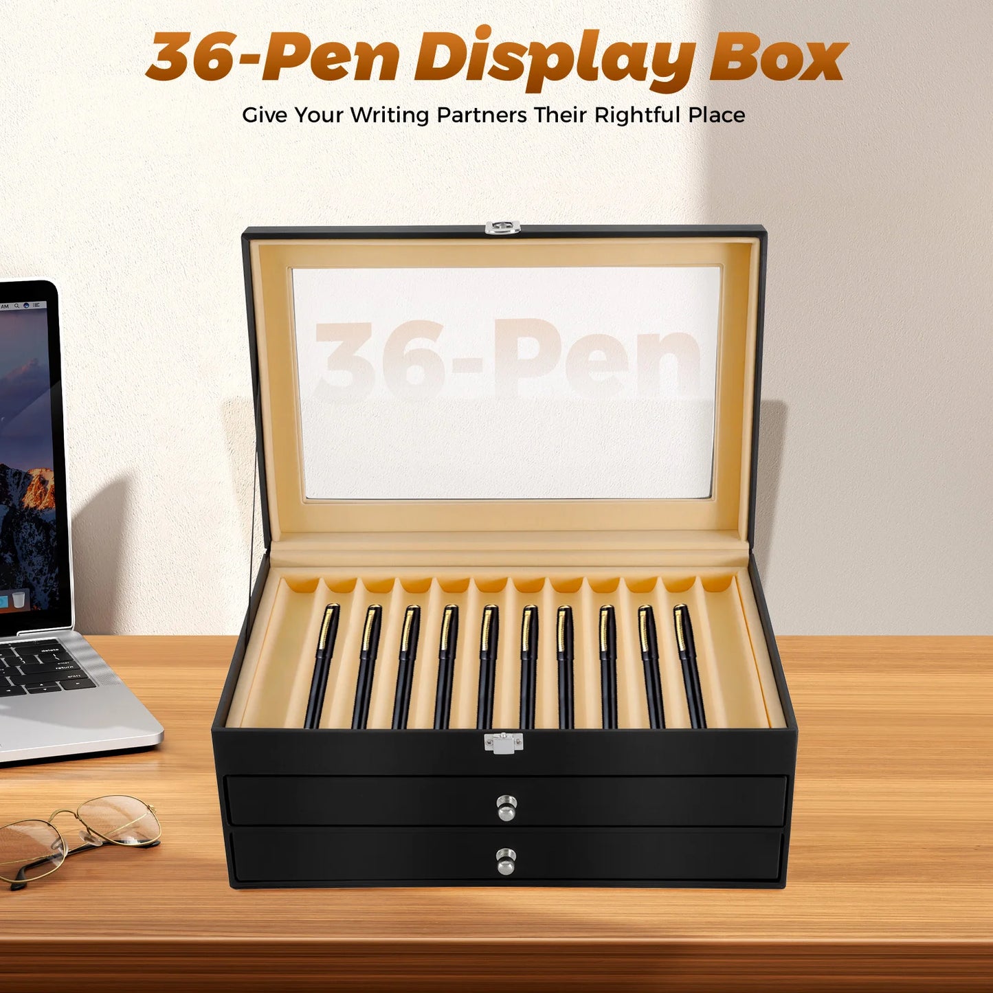 Pen Display Case With 36 Slots, Velvet Interior And Glass Lid