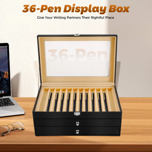 Pen Display Case With 36 Slots, Velvet Interior And Glass Lid