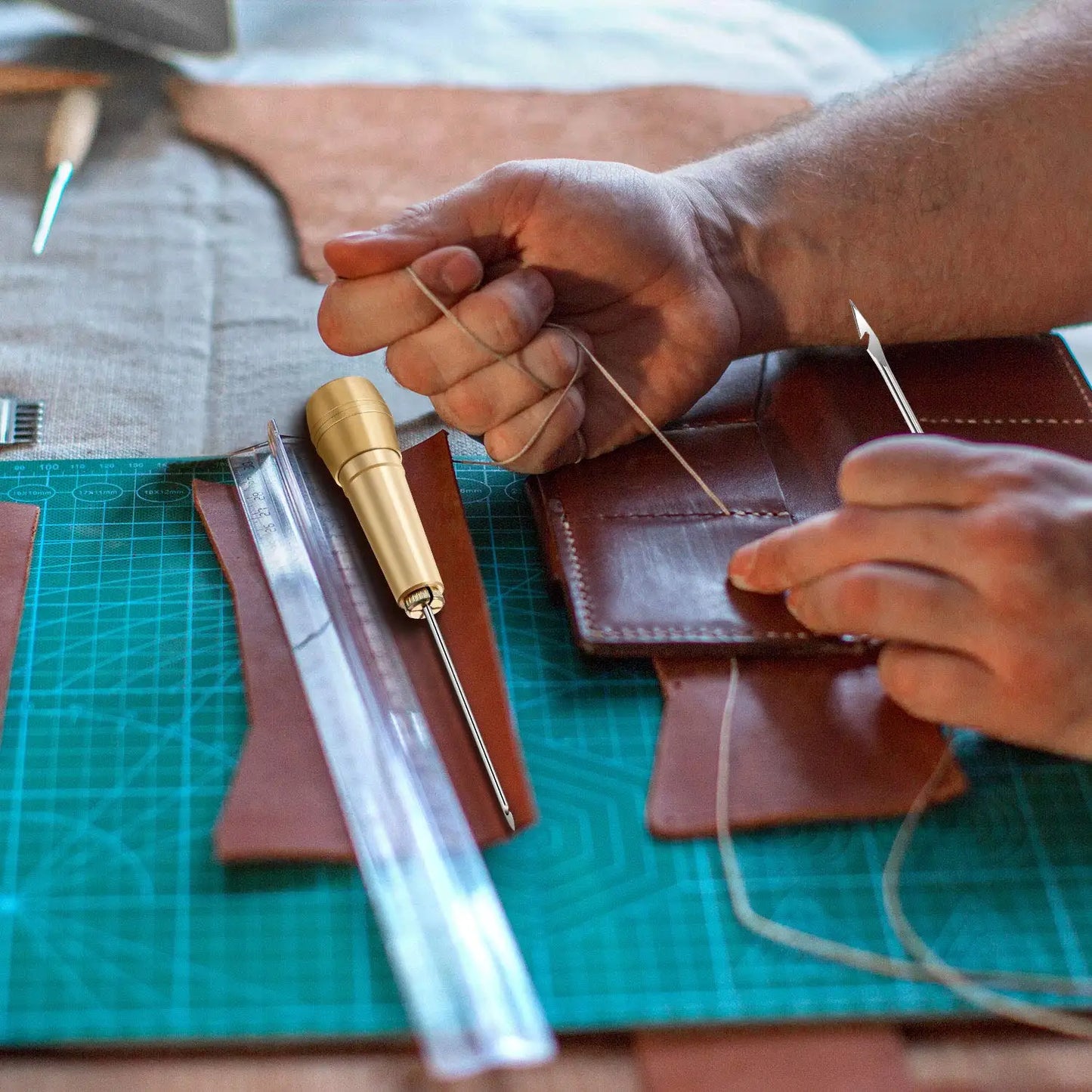9Pcs Leather Sewing Kit, Copper Handle Leather Sewing Awl, Needle Set, Suitable for Repairing Leather Canvas Tent Shoes