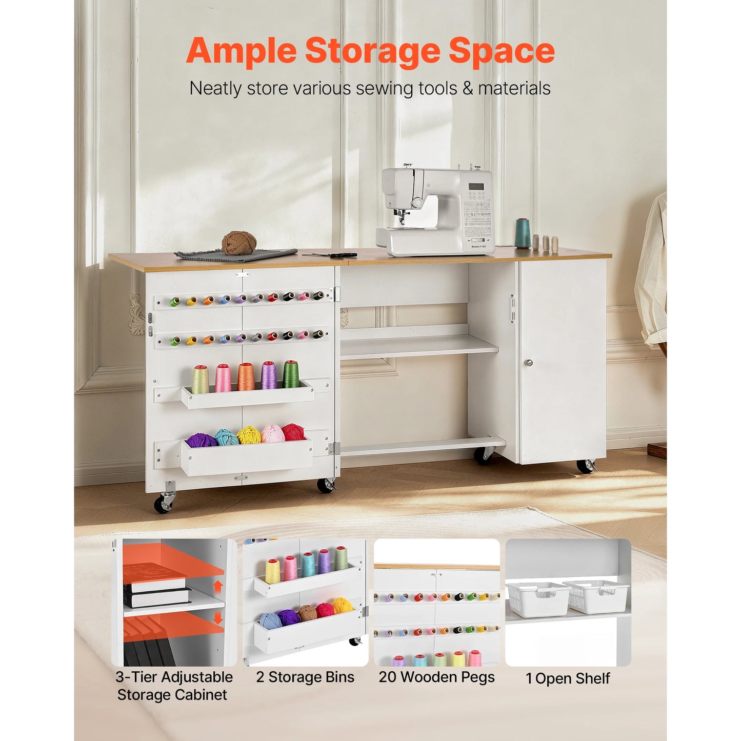 SucceBuy Folding Sewing Table With Cabinet Charging Station